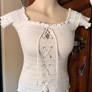 Ambiance White Lace-Up Ribbed Blouse new without tags